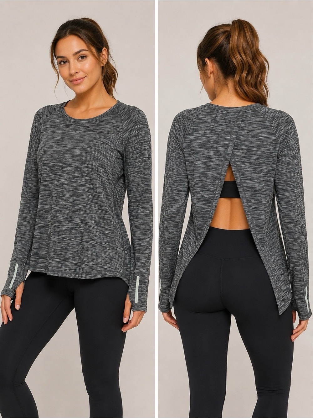 Zyia Active Split Back Long Sleeve Top Women L Space Dyed Charcoal Workout Gym